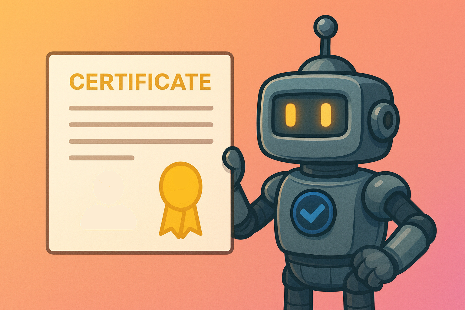Illustration of the SimpleValidations robot holding a certificate