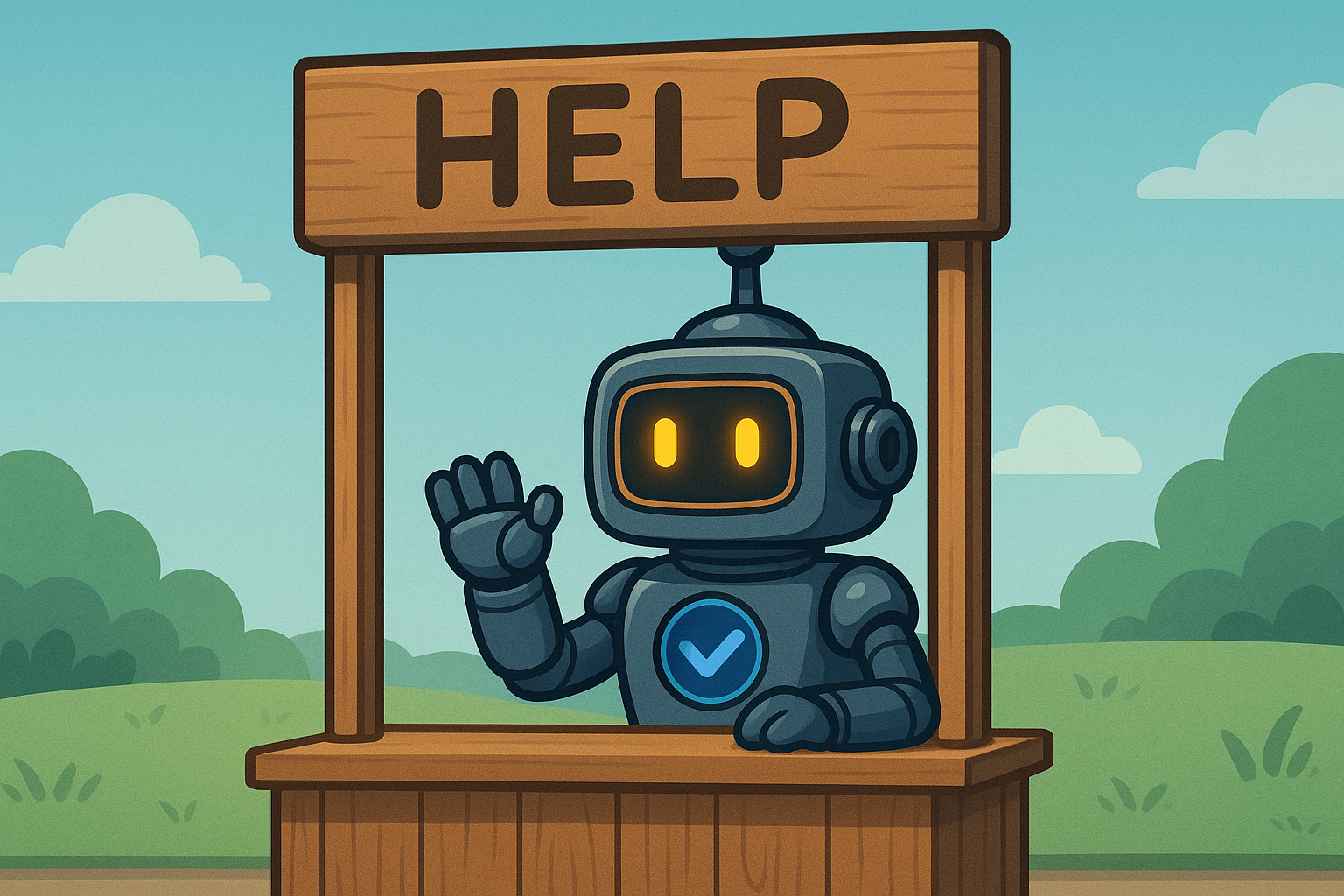 Illustration of the SimpleValidations robot behind a help sign.