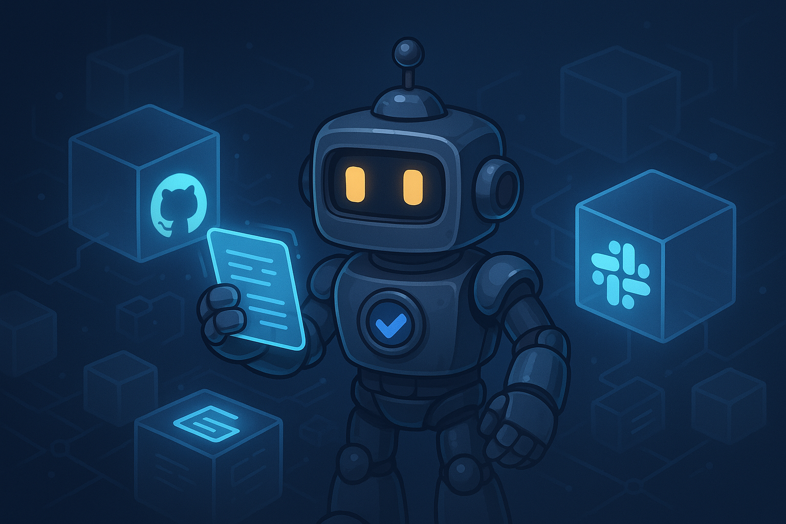 Illustration of the SimpleValidations robot amidst various integration logos