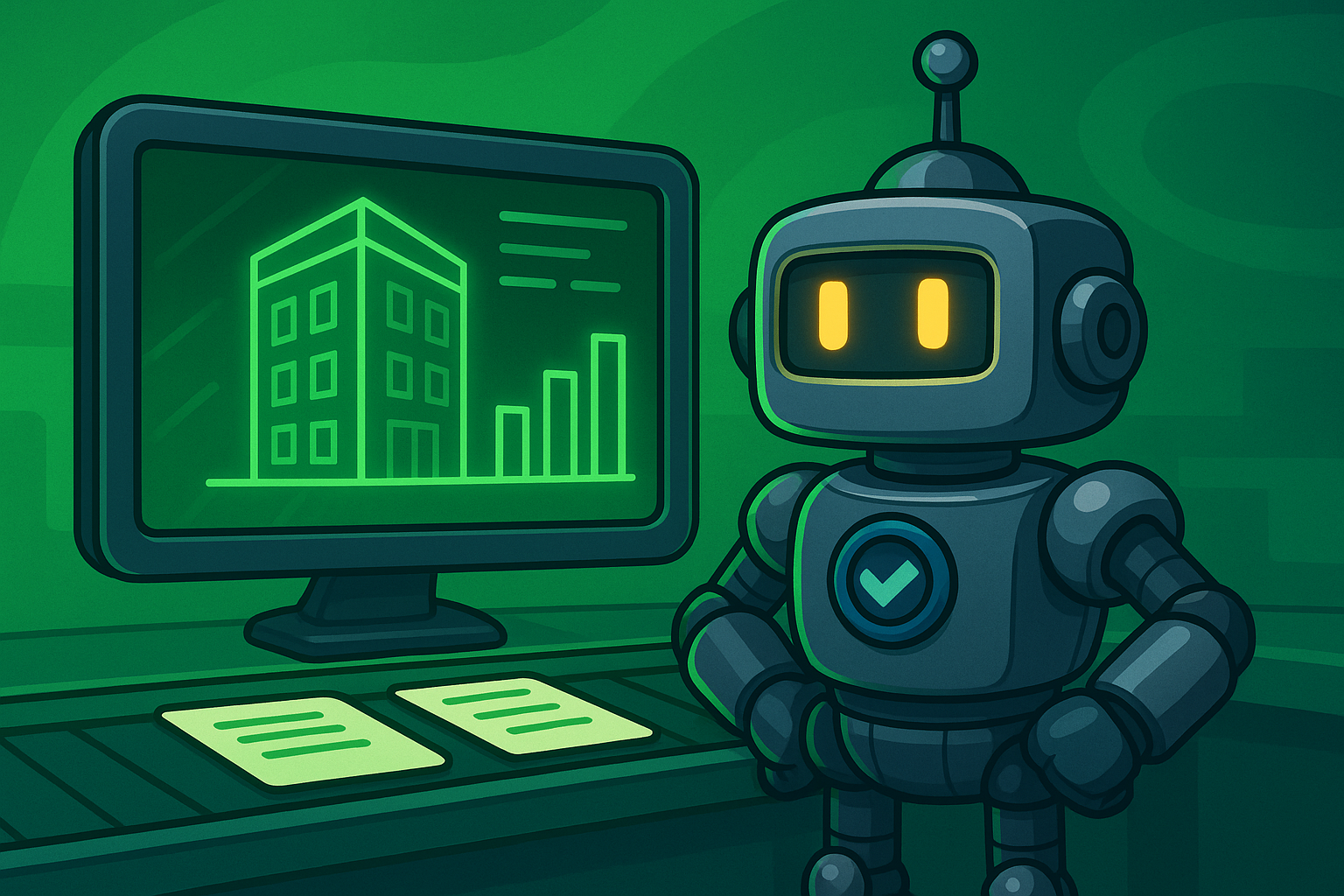 Illustration of the SimpleValidations robot running a building energy simulation.